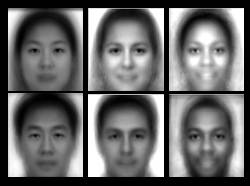 Grid of 6 faces, a male and female of Asian, Caucasian, and African ethnic groups.  The faces are blurry around the edges and the mouth and sharpest around the eyes and the bridge of the nose where there are greater similarities. This is an example of soft biometrics, showing the calculable features that all members of a group have in common.